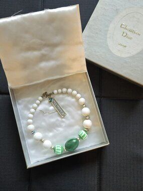 Christian Dior Beaded Necklace – White & Green Statement | Vintage